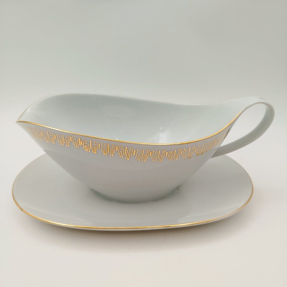 Соусник на подставке с геометрическим орнаментом вдоль борта, фарфор, золочение, Moritz Zdekauer (MZ), Чехословакия, 1960-1980 гг.