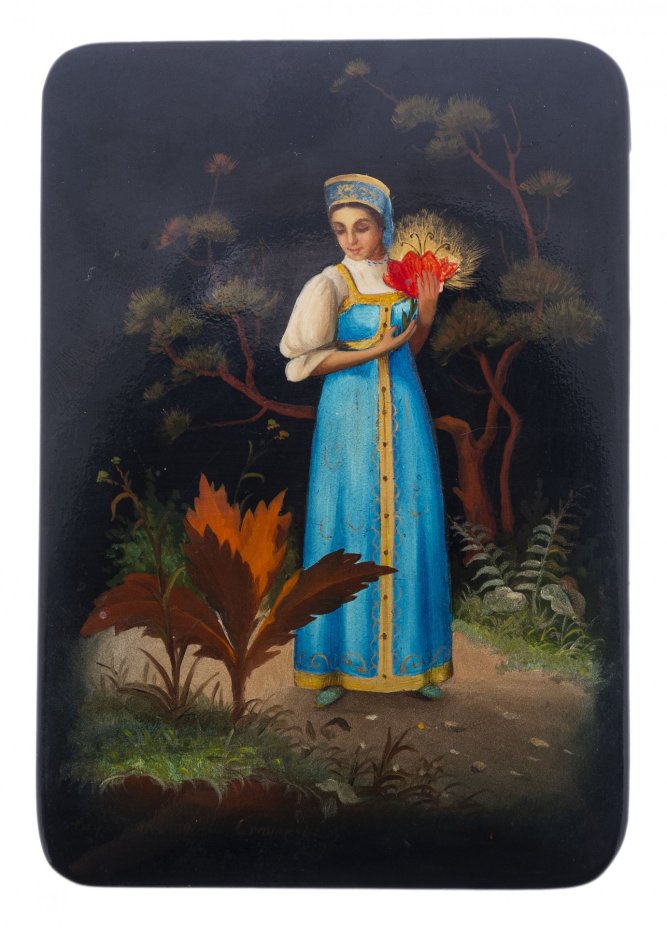 Шкатулка лаковая "Аленький цветочек", папье-маше, роспись, художник Смирнова, с. Федоскино, СССР, 1961 г., Федоскинская фабрика миниатюрной живописи (Федоскино)