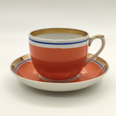 Пара чайная в насыщенной оранжево-синей гамме, фарфор, крытье, обводка, золочение, Дмитровский фарфоровый завод (ДФЗ Вербилки), СССР, 1954-1965 гг.
