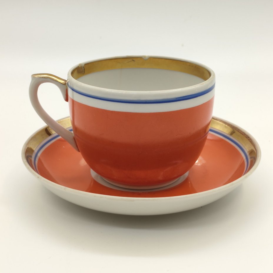 Пара чайная в насыщенной оранжево-синей гамме, фарфор, крытье, обводка, золочение, Дмитровский фарфоровый завод (ДФЗ Вербилки), СССР, 1954-1965 гг.