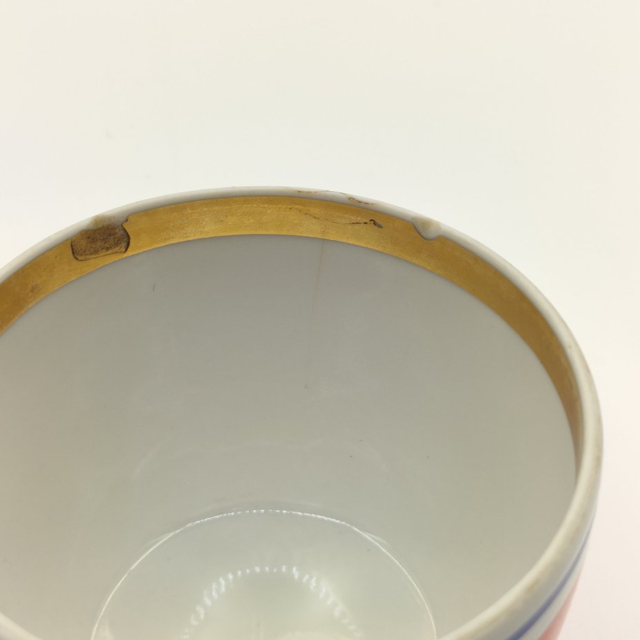 Пара чайная в насыщенной оранжево-синей гамме, фарфор, крытье, обводка, золочение, Дмитровский фарфоровый завод (ДФЗ Вербилки), СССР, 1954-1965 гг.