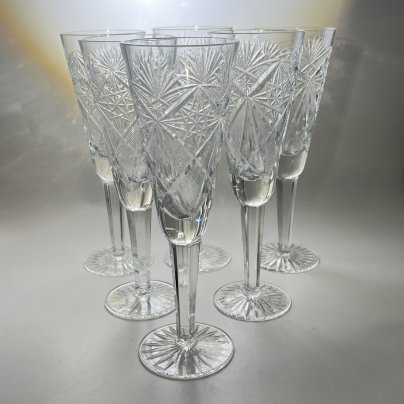 Набор из 6 бокалов с резным геометрическим декором, хрусталь, алмазная грань, СССР, 1970-1990 гг.