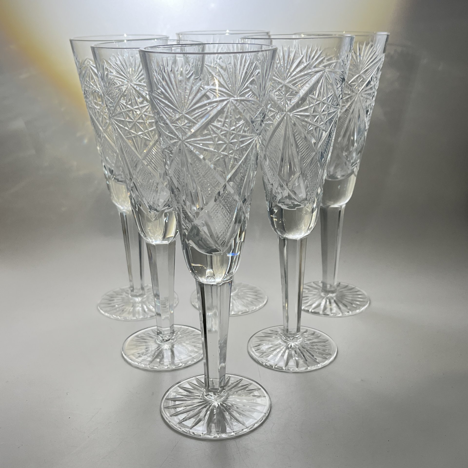Набор из 6 бокалов с резным геометрическим декором, хрусталь, алмазная грань, СССР, 1970-1990 гг.