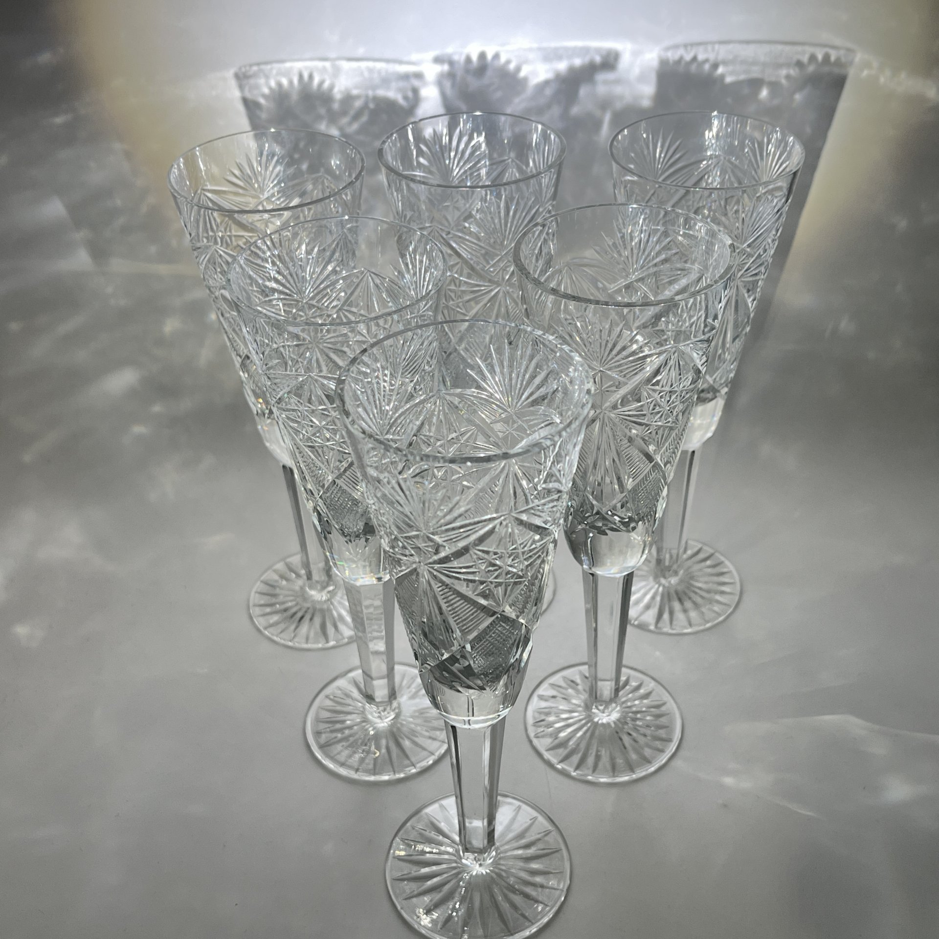 Набор из 6 бокалов с резным геометрическим декором, хрусталь, алмазная грань, СССР, 1970-1990 гг.
