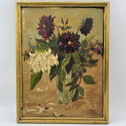 Картина в раме "Георгины", автор Толмачев И., оргалит, масло, дерево, Российская Федерация, 1996 г.