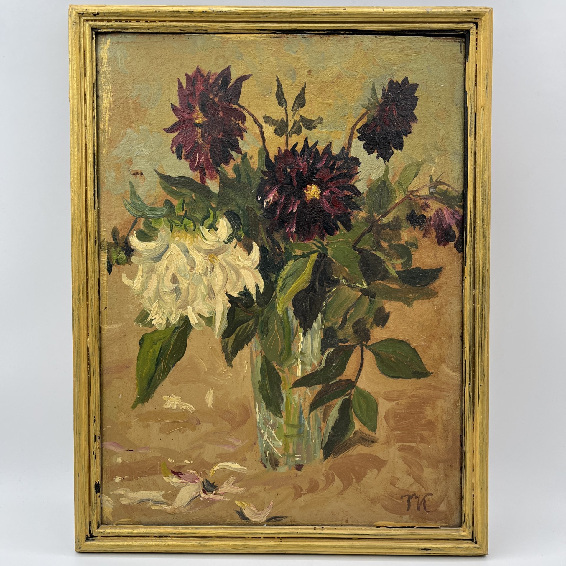 Картина в раме "Георгины", автор Толмачев И., оргалит, масло, дерево, Российская Федерация, 1996 г.