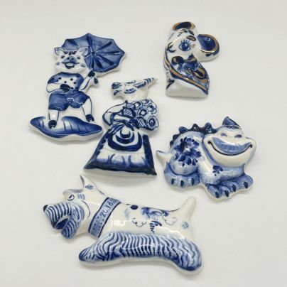 Набор из 5-ти магнитов "Животные" (в подборе), Гжель, фарфор, роспись, Российская Федерация, 2000-2020 гг.