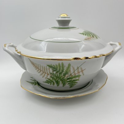 Супница на подставке "Папоротники", фасон "Гранёный", фарфор, деколь, золочение, Дулевский фарфоровый завод (Дулёво), Россия, 2006 г.