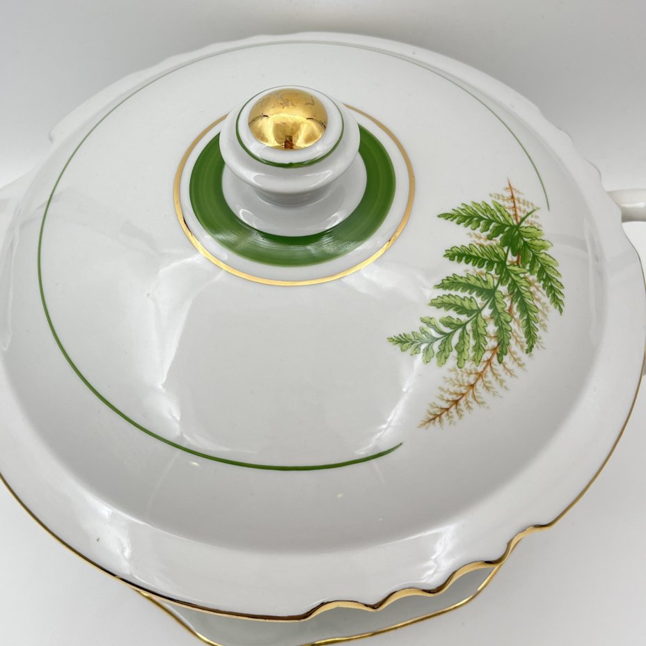 Супница на подставке "Папоротники", фасон "Гранёный", фарфор, деколь, золочение, Дулевский фарфоровый завод (Дулёво), Россия, 2006 г.