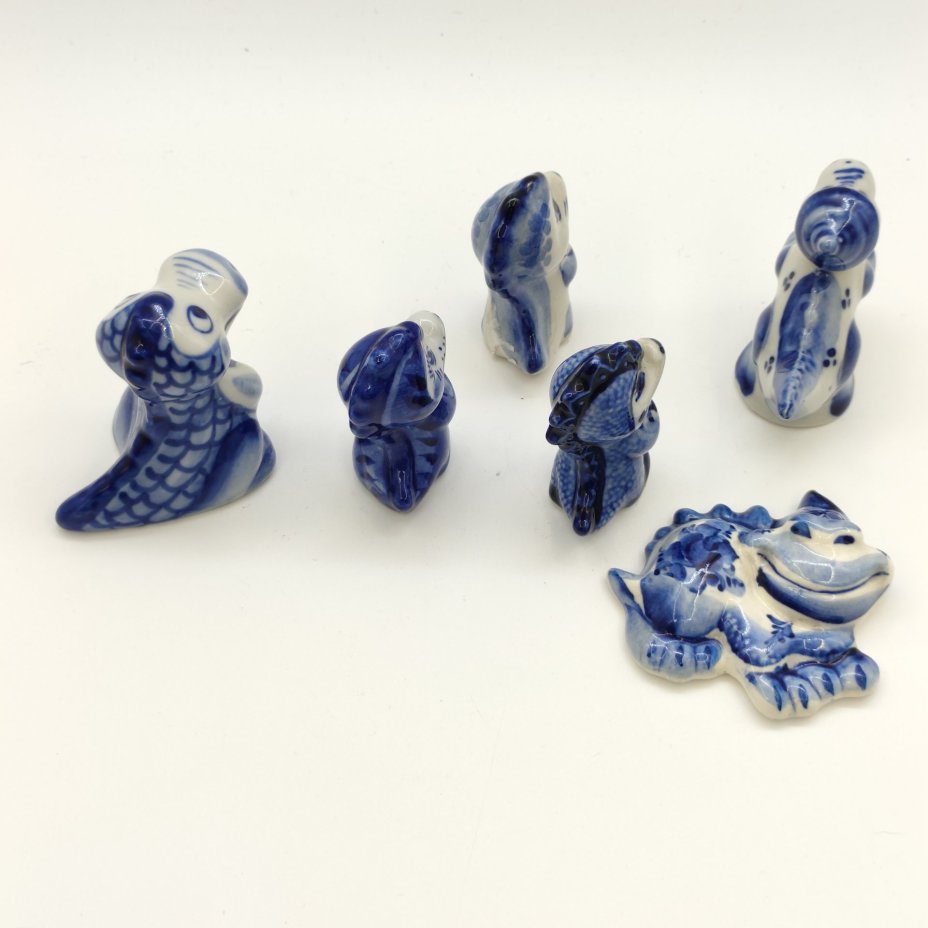 Набор из шести статуэток "Драконы", Гжель