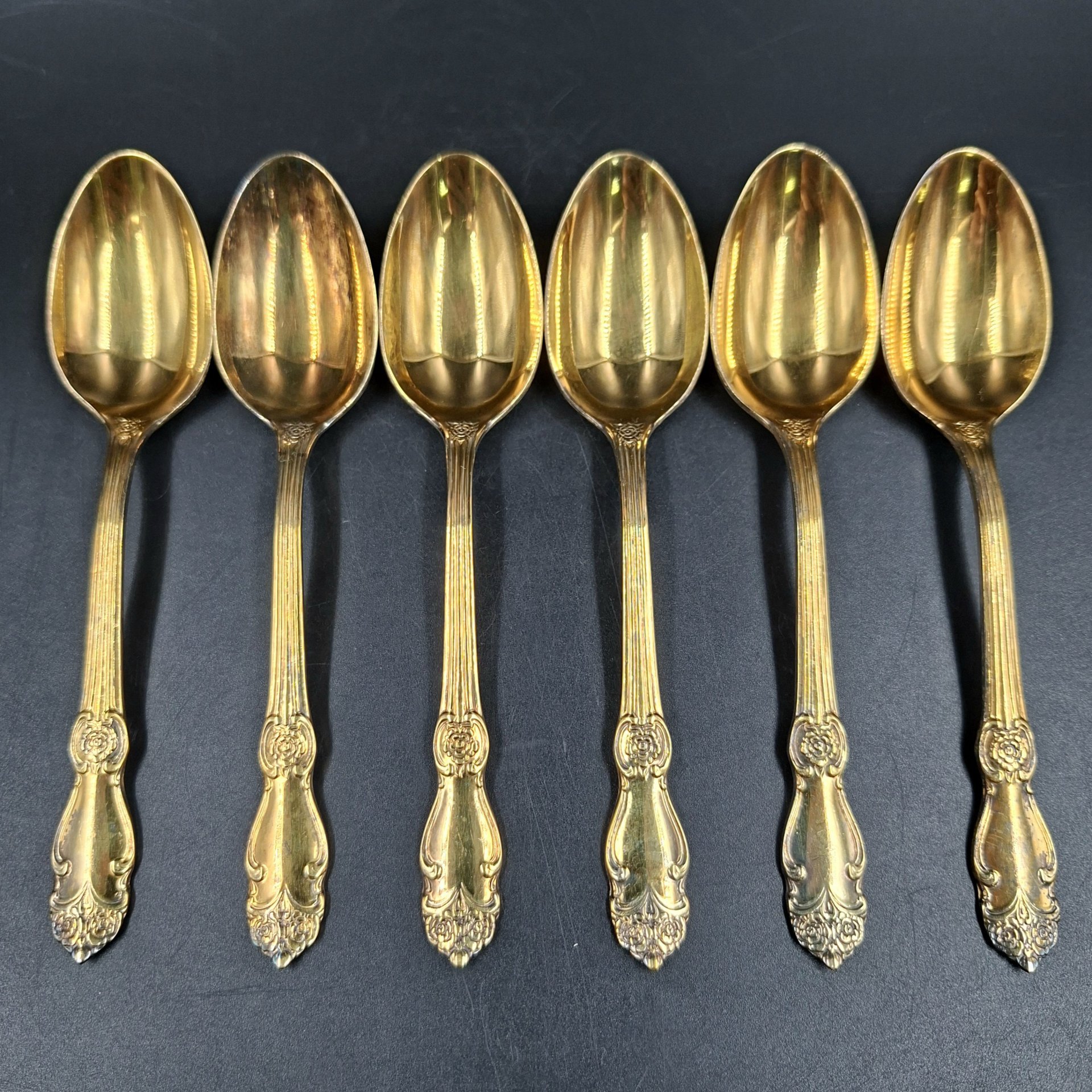 Набор из шести чайных ложек "Серебряная роза", мНЦ (медь-никель-цинк), золочение, Кольчугинский завод цветных металлов, СССР, 1970-1990 гг.