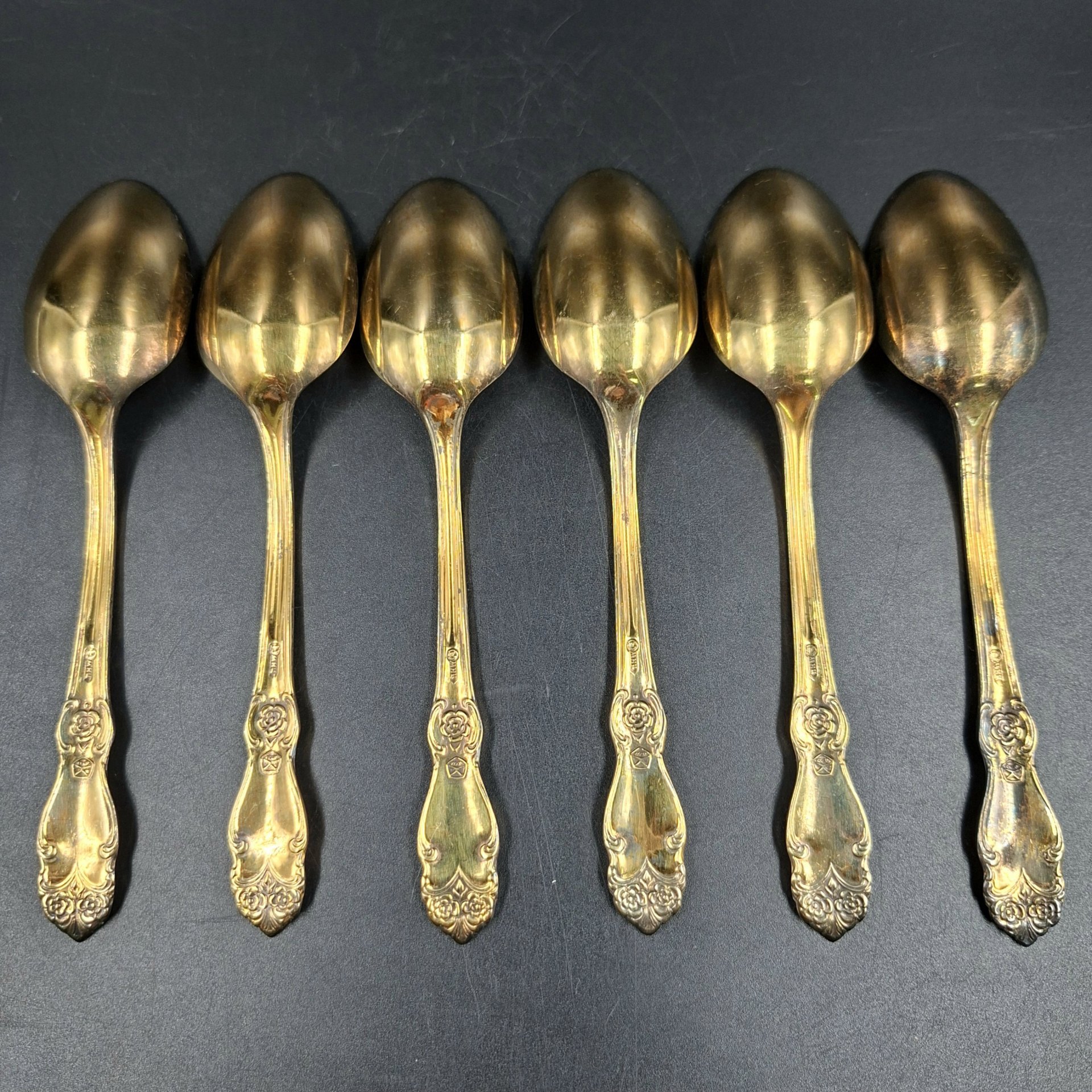 Набор из шести чайных ложек "Серебряная роза", мНЦ (медь-никель-цинк), золочение, Кольчугинский завод цветных металлов, СССР, 1970-1990 гг.