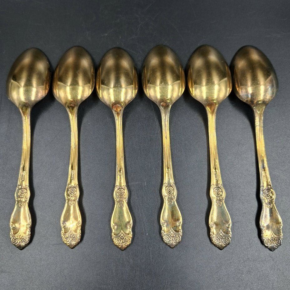 Набор из шести чайных ложек "Серебряная роза", мНЦ (медь-никель-цинк), золочение, Кольчугинский завод цветных металлов, СССР, 1970-1990 гг.