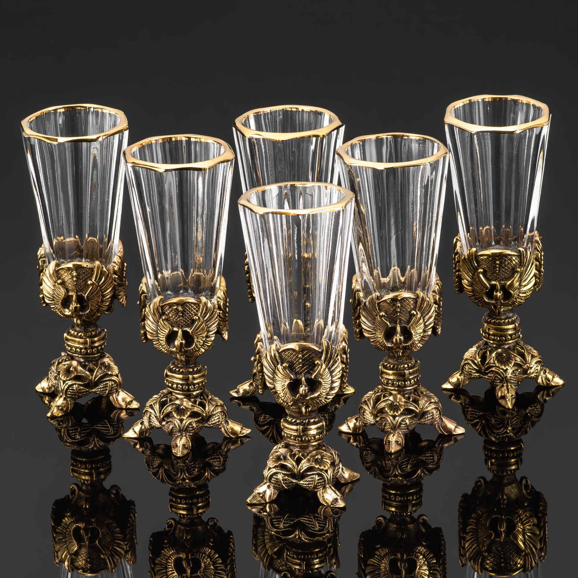 Набор лафитников "Классика" на фигурных ножках в кофре (6 шт.), хрусталь, бронза, золочение, Российская Федерация, 2010-2015 гг.