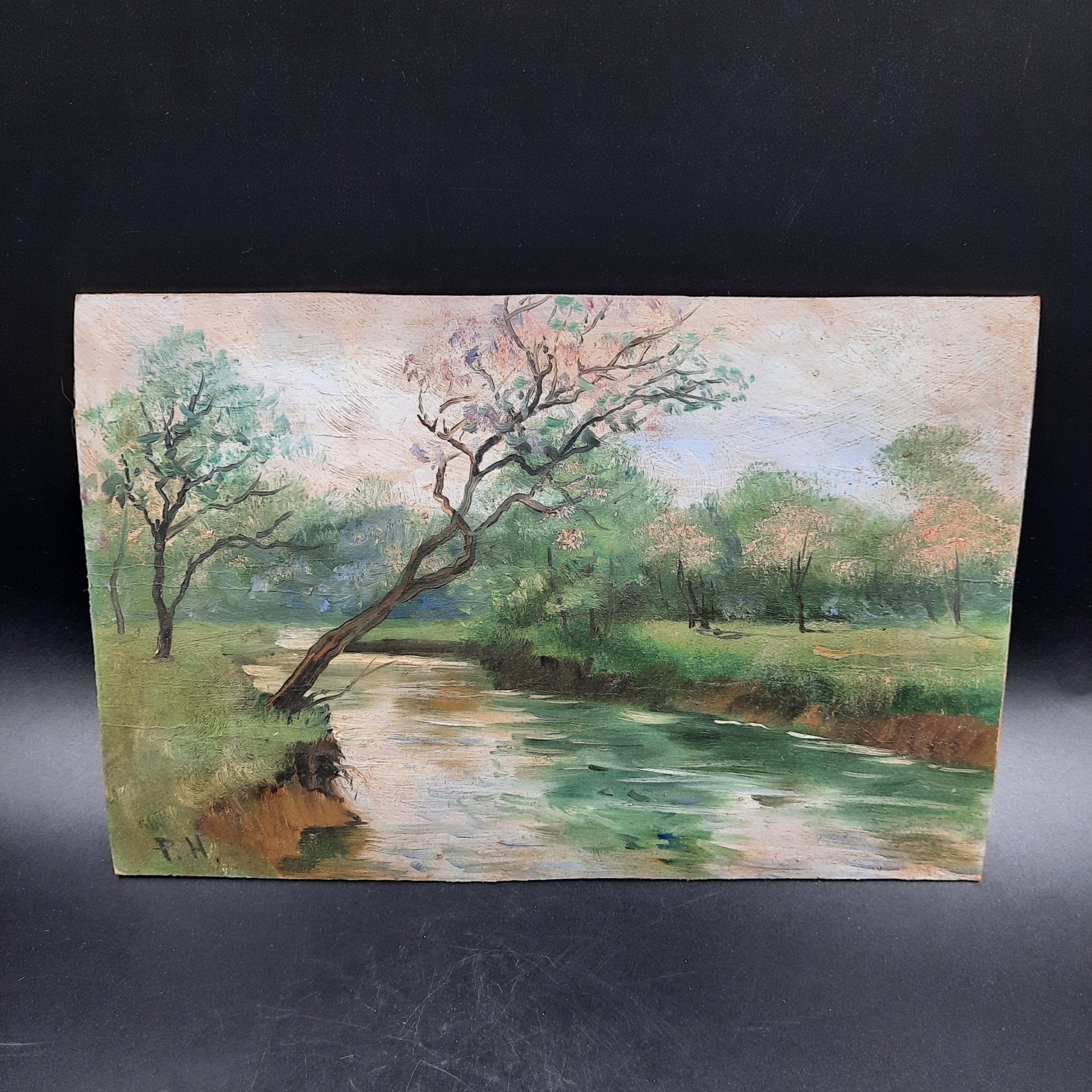 Эскиз "Летний пейзаж с водоемом", подпись "Г.Н.", картон, масло