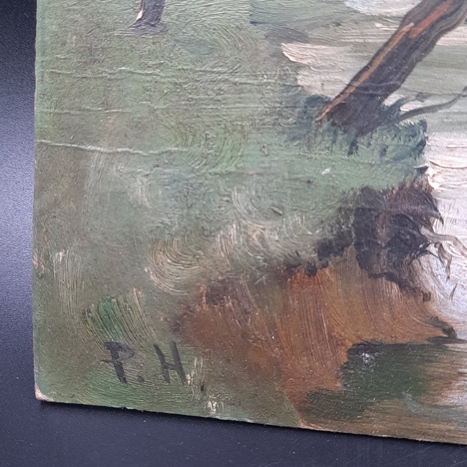 Эскиз "Летний пейзаж с водоемом", подпись "Г.Н.", картон, масло