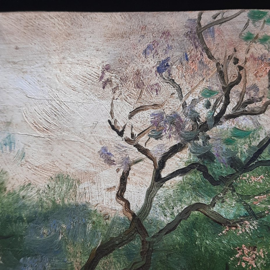 Эскиз "Летний пейзаж с водоемом", подпись "Г.Н.", картон, масло