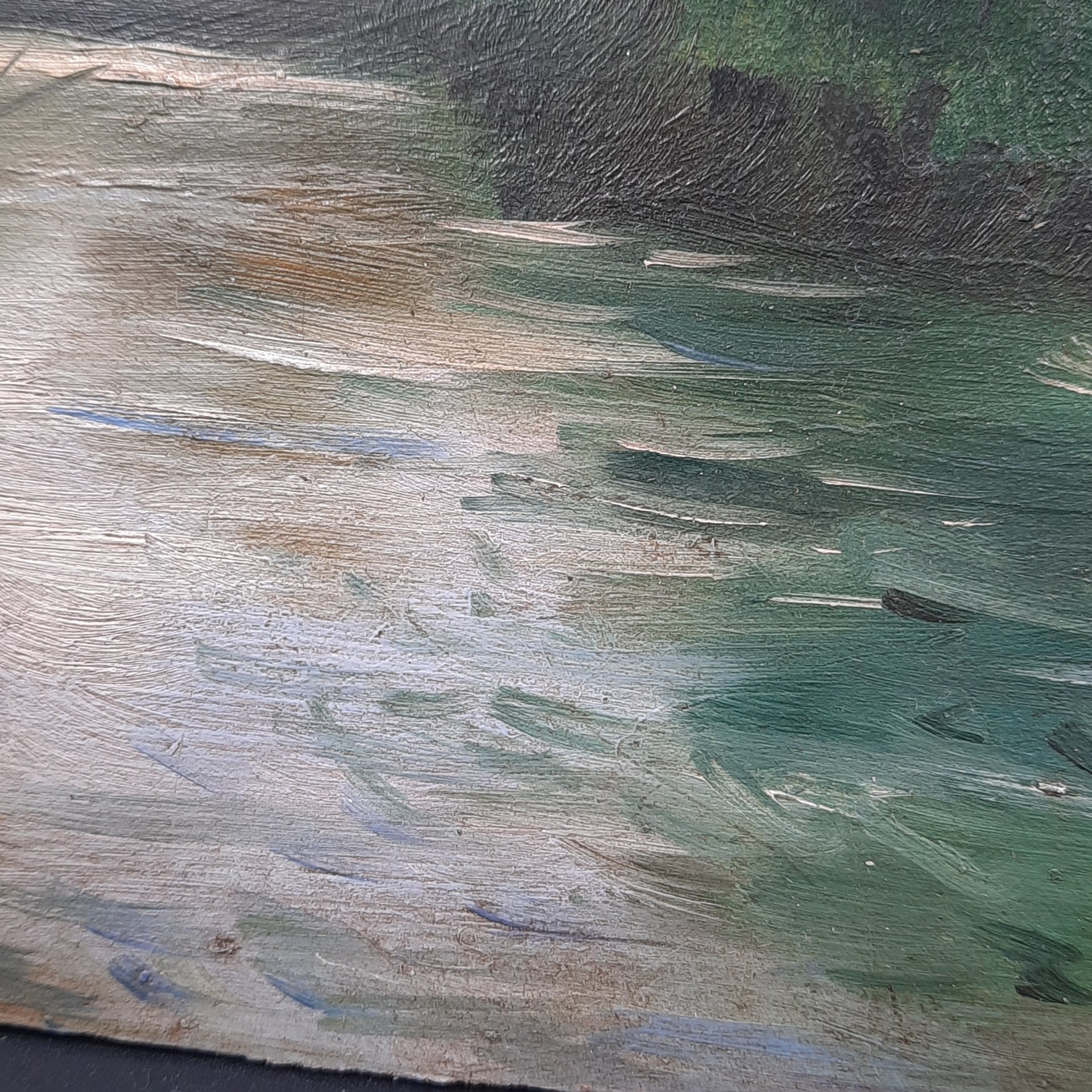 Эскиз "Летний пейзаж с водоемом", подпись "Г.Н.", картон, масло