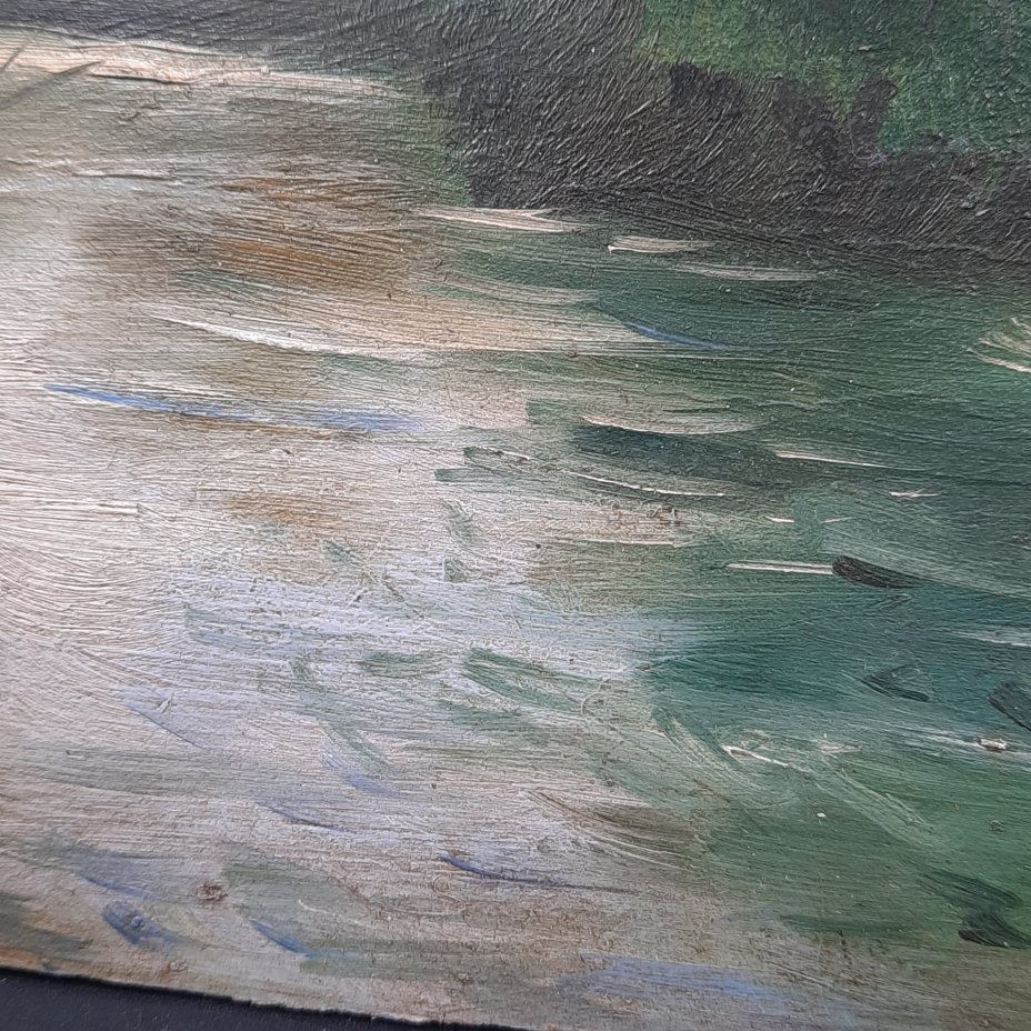 Эскиз "Летний пейзаж с водоемом", подпись "Г.Н.", картон, масло