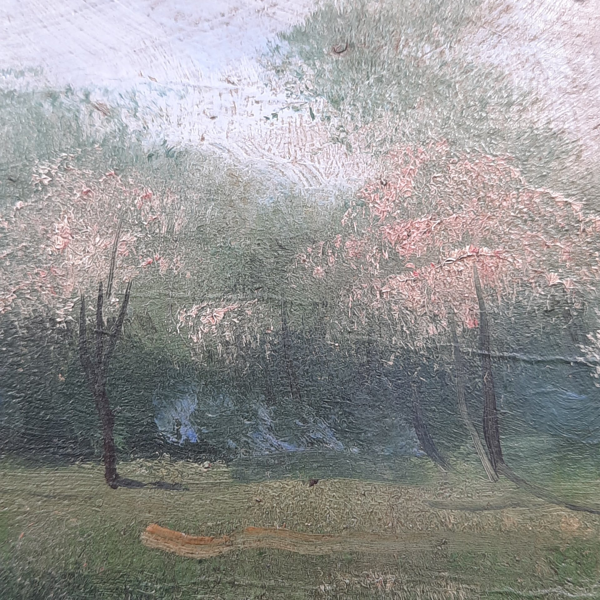 Эскиз "Летний пейзаж с водоемом", подпись "Г.Н.", картон, масло