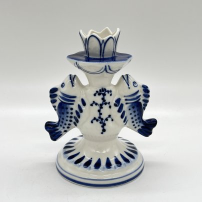 Подсвечник для одной свечи "Рыбы", фарфор, роспись, Объединение «Гжель», СССР, 1972-1985 гг.