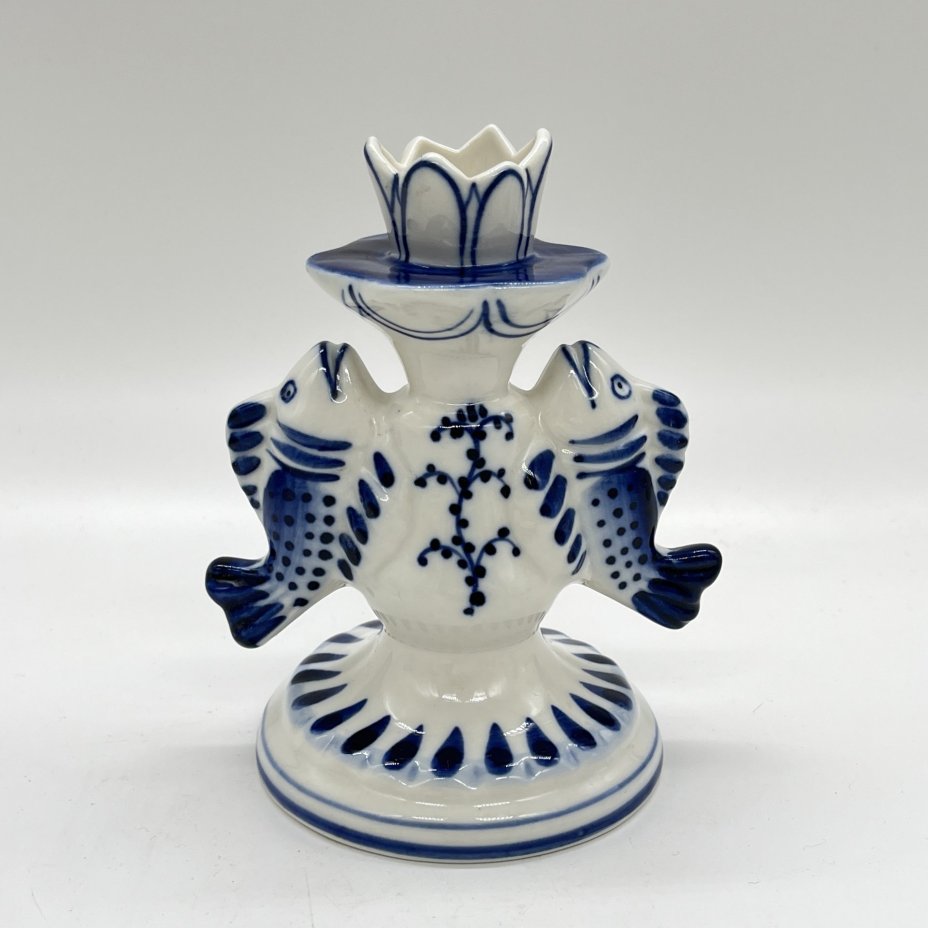 Подсвечник для одной свечи "Рыбы", фарфор, роспись, Объединение «Гжель», СССР, 1972-1985 гг.