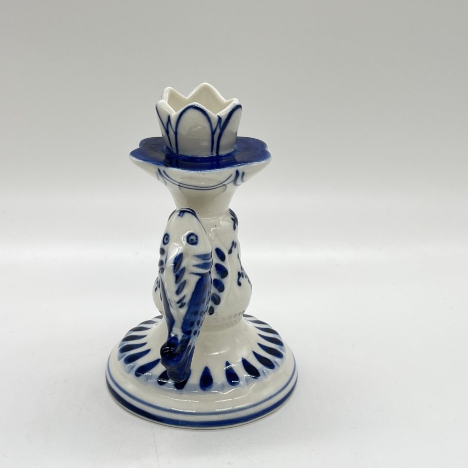 Подсвечник для одной свечи "Рыбы", фарфор, роспись, Объединение «Гжель», СССР, 1972-1985 гг.