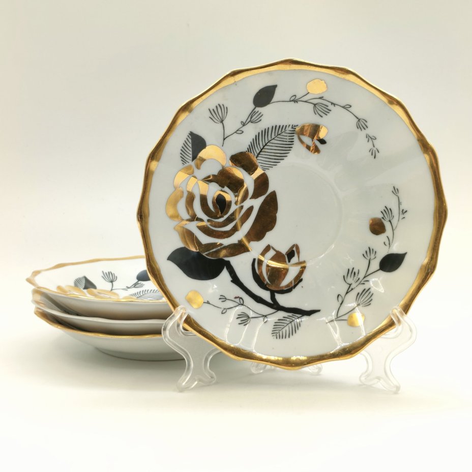 Набор из 4-х блюдец "Золотая роза", фарфор, деколь, золочение, Дмитровский фарфоровый завод (ДФЗ Вербилки), СССР, 1965-1991 гг.
