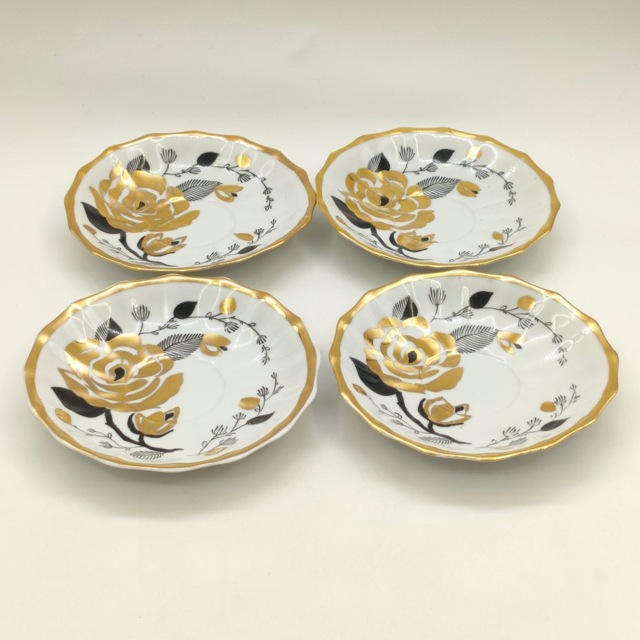 Набор из 4-х блюдец "Золотая роза", фарфор, деколь, золочение, Дмитровский фарфоровый завод (ДФЗ Вербилки), СССР, 1965-1991 гг.