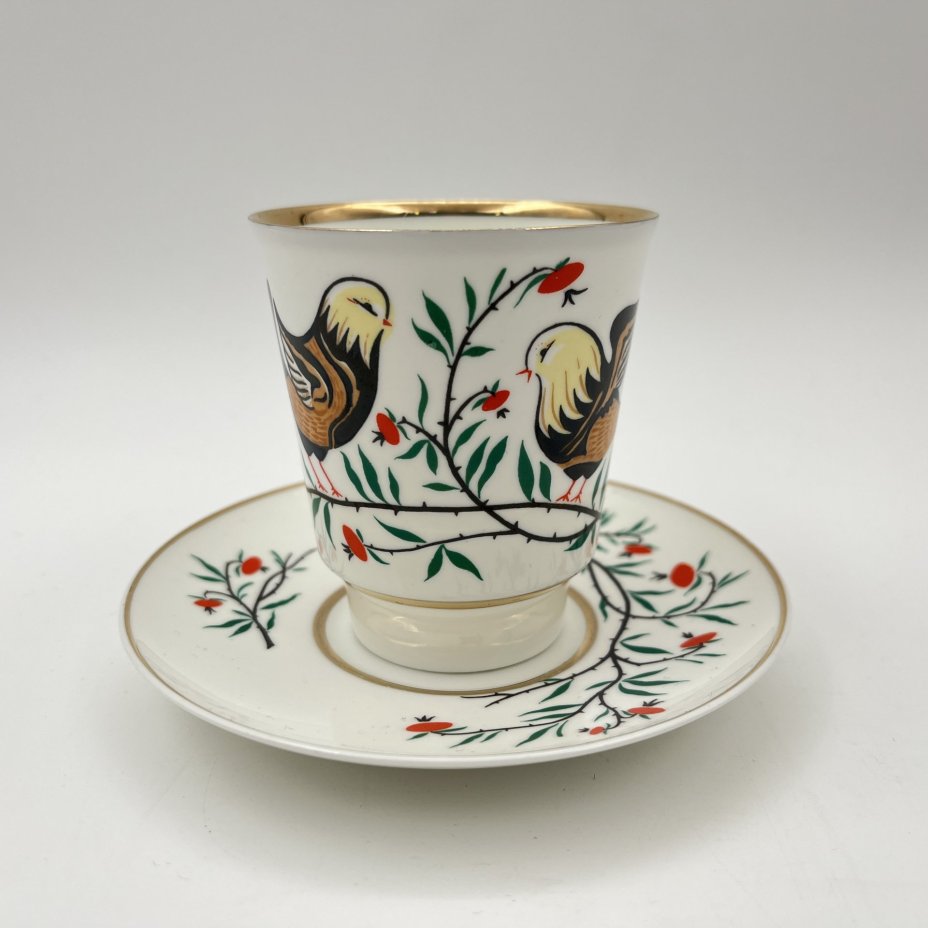 Пара кофейная "Птички", автор рисунка А.В. Щекатихина-Потоцкая, фарфор, деколь, золочение, Ленинградский фарфоровый завод (ЛФЗ), СССР, 1970-1986 гг.