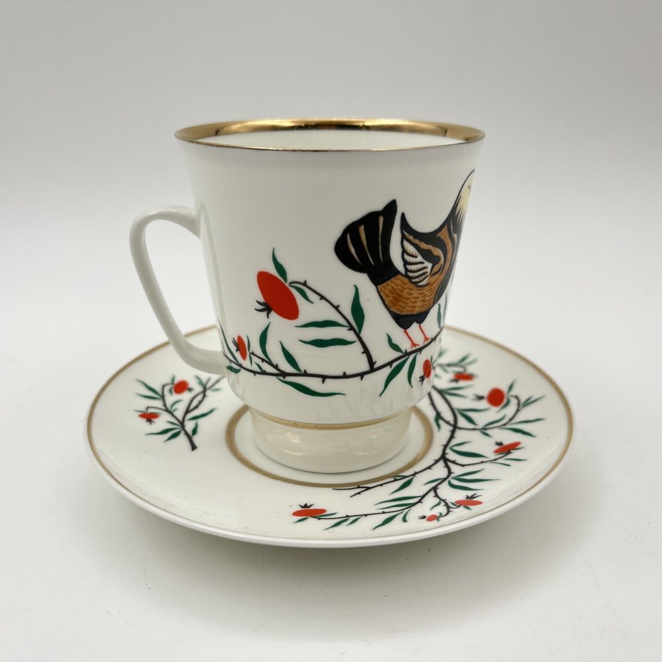 Пара кофейная "Птички", автор рисунка А.В. Щекатихина-Потоцкая, фарфор, деколь, золочение, Ленинградский фарфоровый завод (ЛФЗ), СССР, 1970-1986 гг.