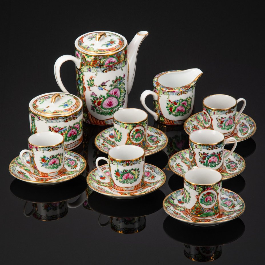 Сервиз кофейный с цветочным декором на 6 персон (15 предметов), фарфор, роспись, золочение, Zhongguo Zhi Zao, Китай, 1950-1980 гг.