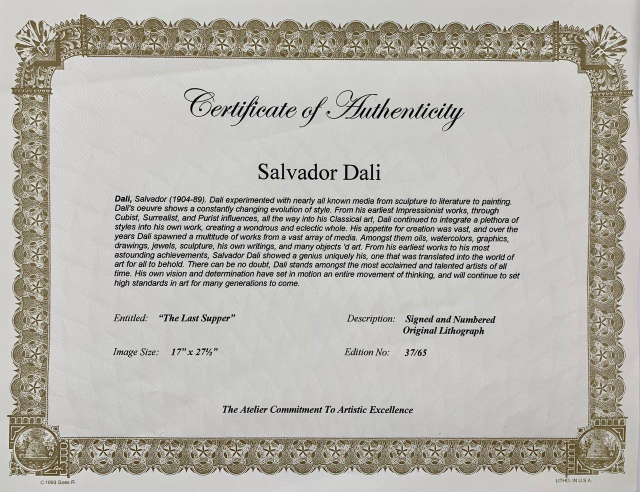 [C сертификатом] Литография по картине Сальвадора Дали "Тайная вечеря", лист 37/65, бумага, печать, стекло, рама, Западная Европа, 1960-1980 гг.