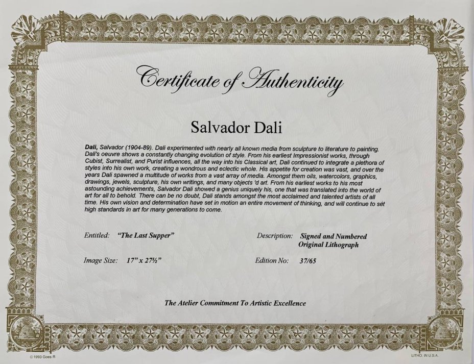 [C сертификатом] Литография по картине Сальвадора Дали "Тайная вечеря", лист 37/65