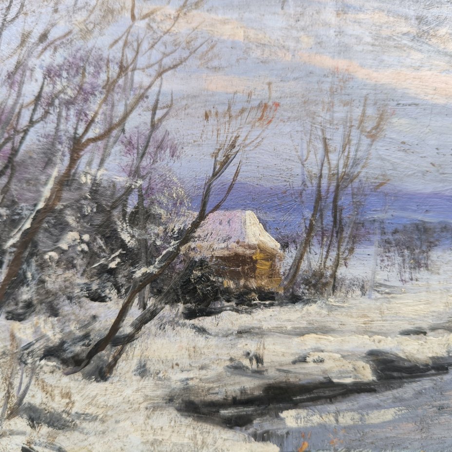 Картина "Зимний этюд", неизвестный художник, подпись "Р.С.", холст, картон, масло, СССР, 1967 г.