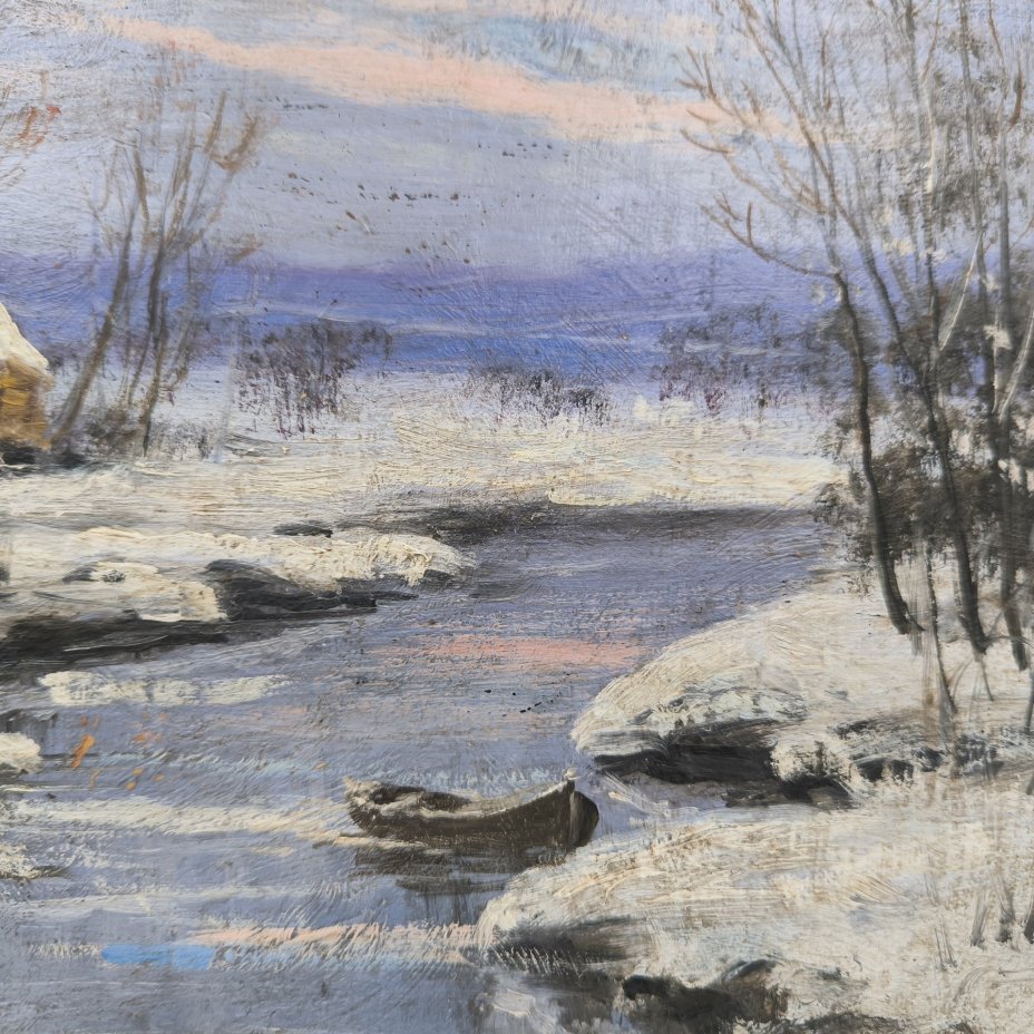 Картина "Зимний этюд", неизвестный художник, подпись "Р.С.", холст, картон, масло, СССР, 1967 г.