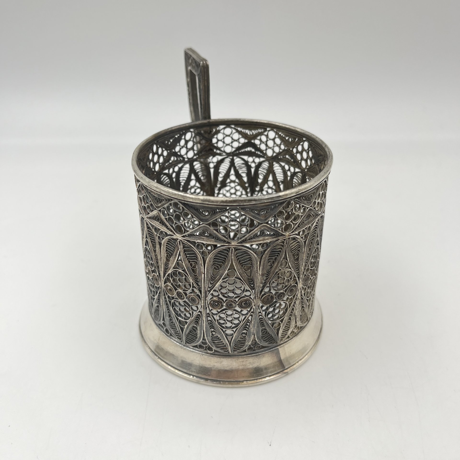 Подстаканник ажурный, мельхиор (медь-никель), скань, Казаковская артель «Металлист», СССР, 1948-1957 гг.