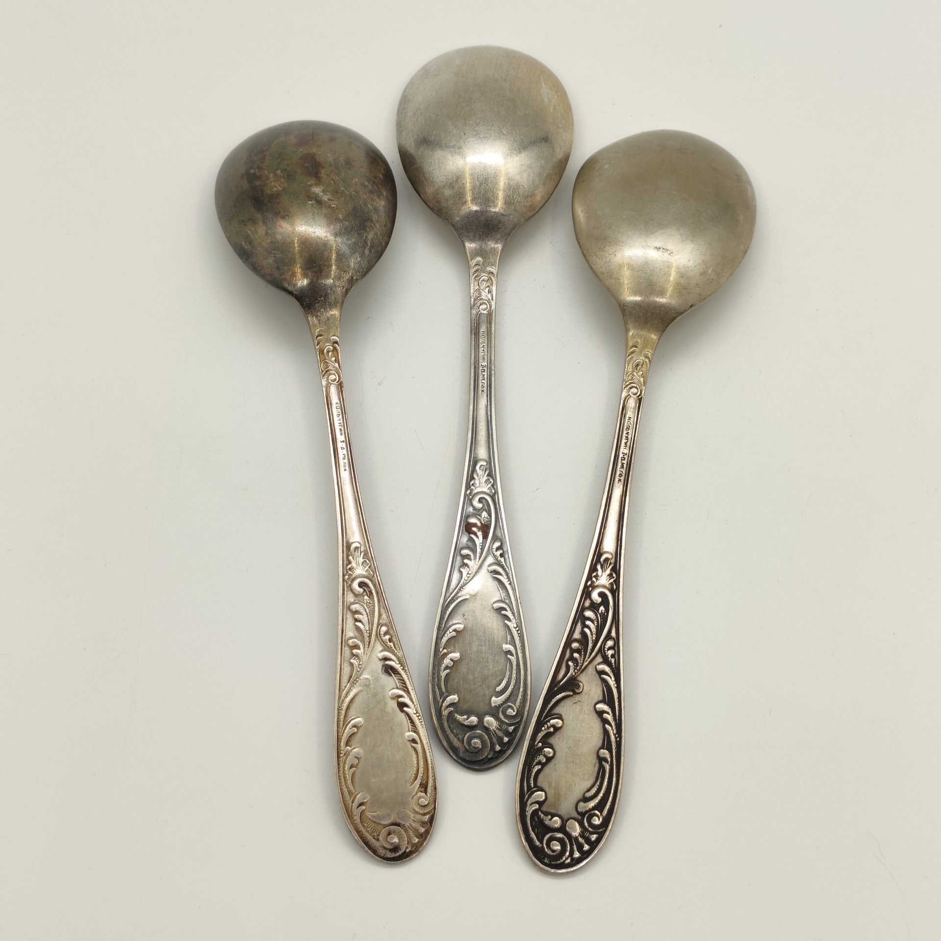 Набор из 3-х салатных ложек "Пламя", мельхиор (медь-никель), Кольчугинский завод цветных металлов, СССР, 1930-1960 гг.