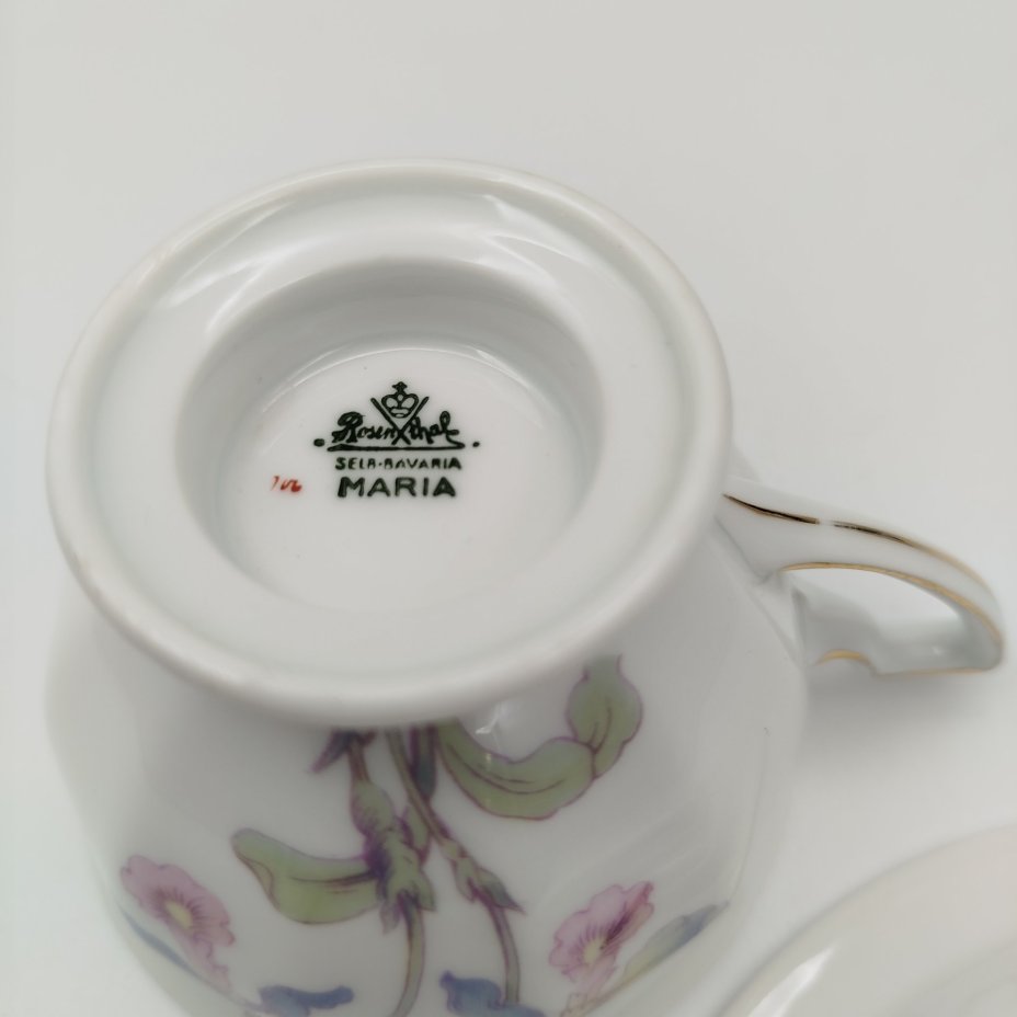 Пара чайная "Maria" с нежным цветочным декором, автор формы Ph. Rosenthal, фарфор, деколь, золочение, Rosenthal (Розенталь), Германия, 1927 г.