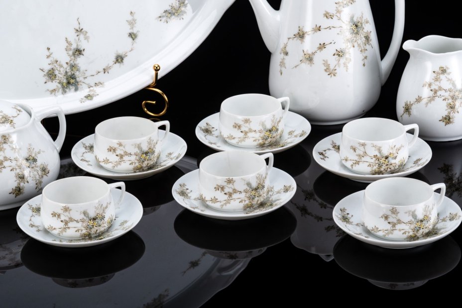 Сервиз кофейный с нежным цветочным декором на 6 персон (16 предметов), фарфор, деколь, подрисовка, Фарфоровая фабрика Гарднера, Российская империя, 1870-1910 гг.