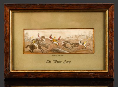 Картина на шелке в паспарту - стивенграф "The water jamp. A Steeplechase" ("Бег с препятствиями", "Конный спорт"), Thomas Stevens Manufacturer, шелк, ткачество, картон
