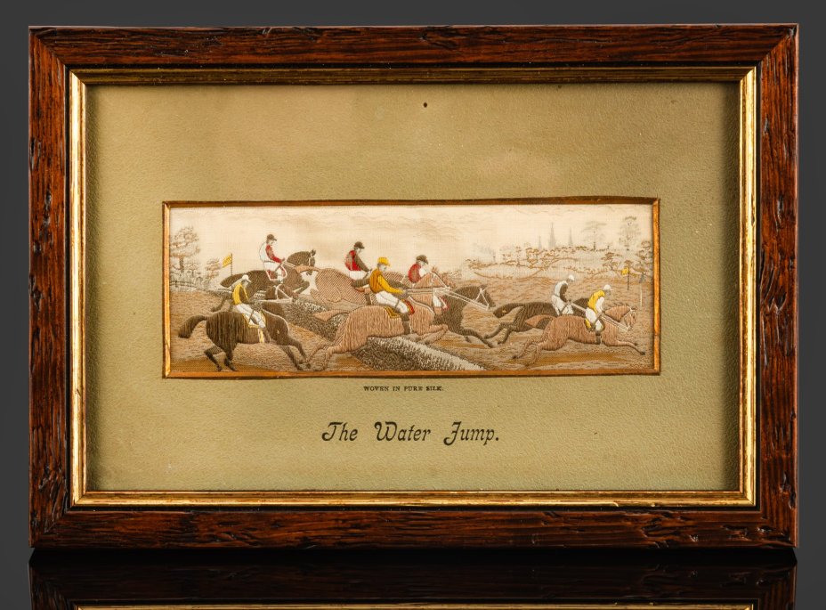 Картина на шелке в паспарту - стивенграф "The water jamp. A Steeplechase" ("Бег с препятствиями", "Конный спорт"), Thomas Stevens Manufacturer, шелк, ткачество, картон