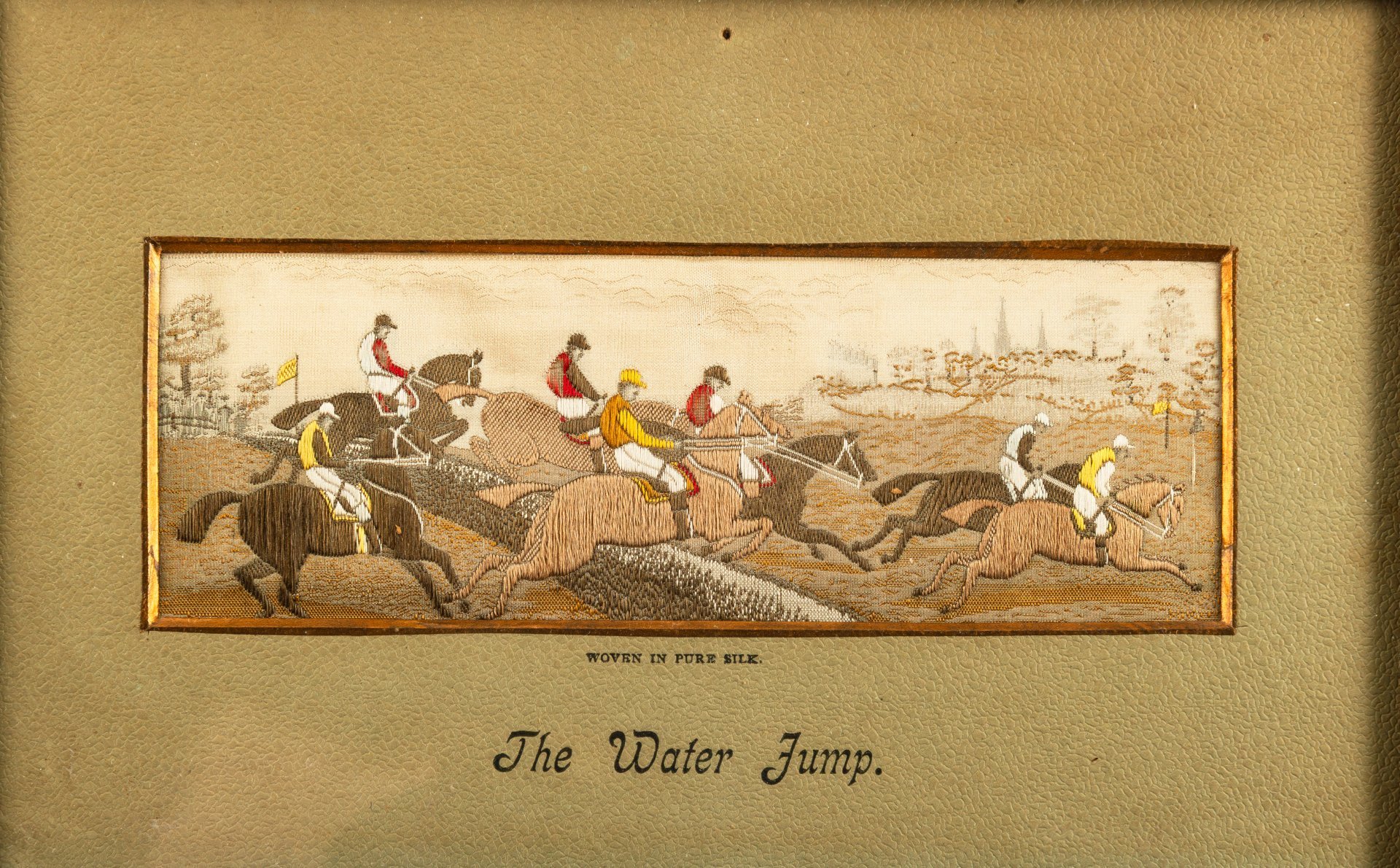 Картина на шелке в паспарту - стивенграф "The water jamp. A Steeplechase" ("Бег с препятствиями", "Конный спорт"), Thomas Stevens Manufacturer, шелк, ткачество, картон