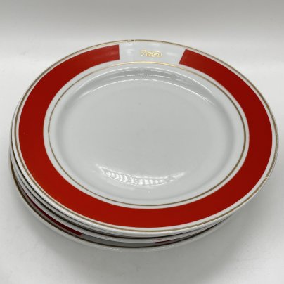 Набор из 4 обеденных тарелок с лаконичным геометрическим декором, фарфор, деколь, золочение, Октябрьский фарфорово-фаянсовый завод, СССР, 1964-1991 гг.