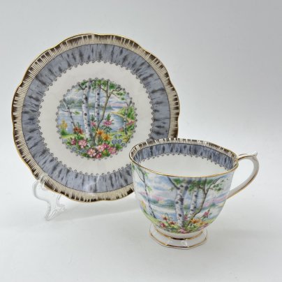 Пара чайная "Silver Birch" с пейзажным декором, фарфор, деколь, золочение, Royal Albert, Великобритания, 1950-1980 гг.