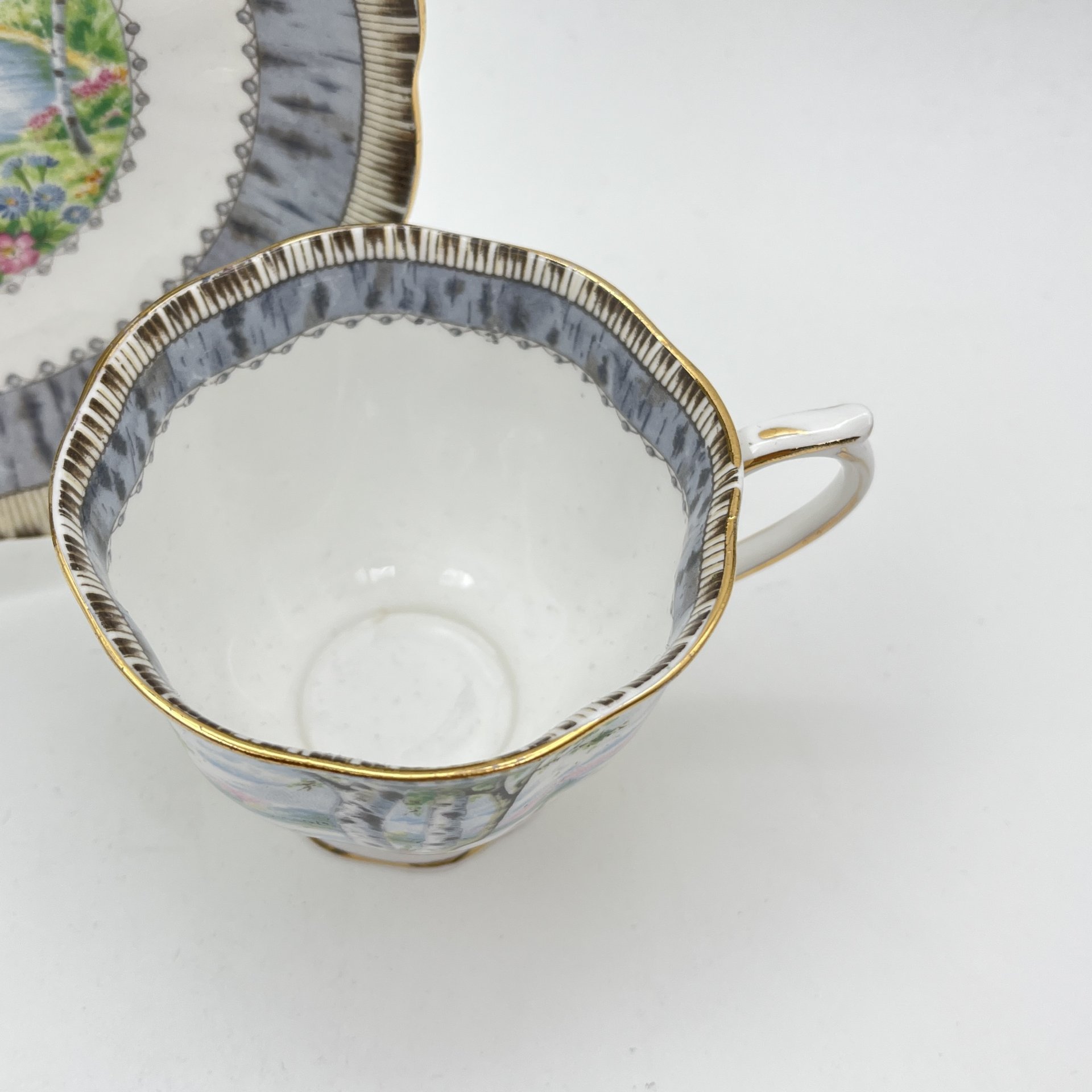 Пара чайная "Silver Birch" с пейзажным декором, фарфор, деколь, золочение, Royal Albert, Великобритания, 1950-1980 гг.