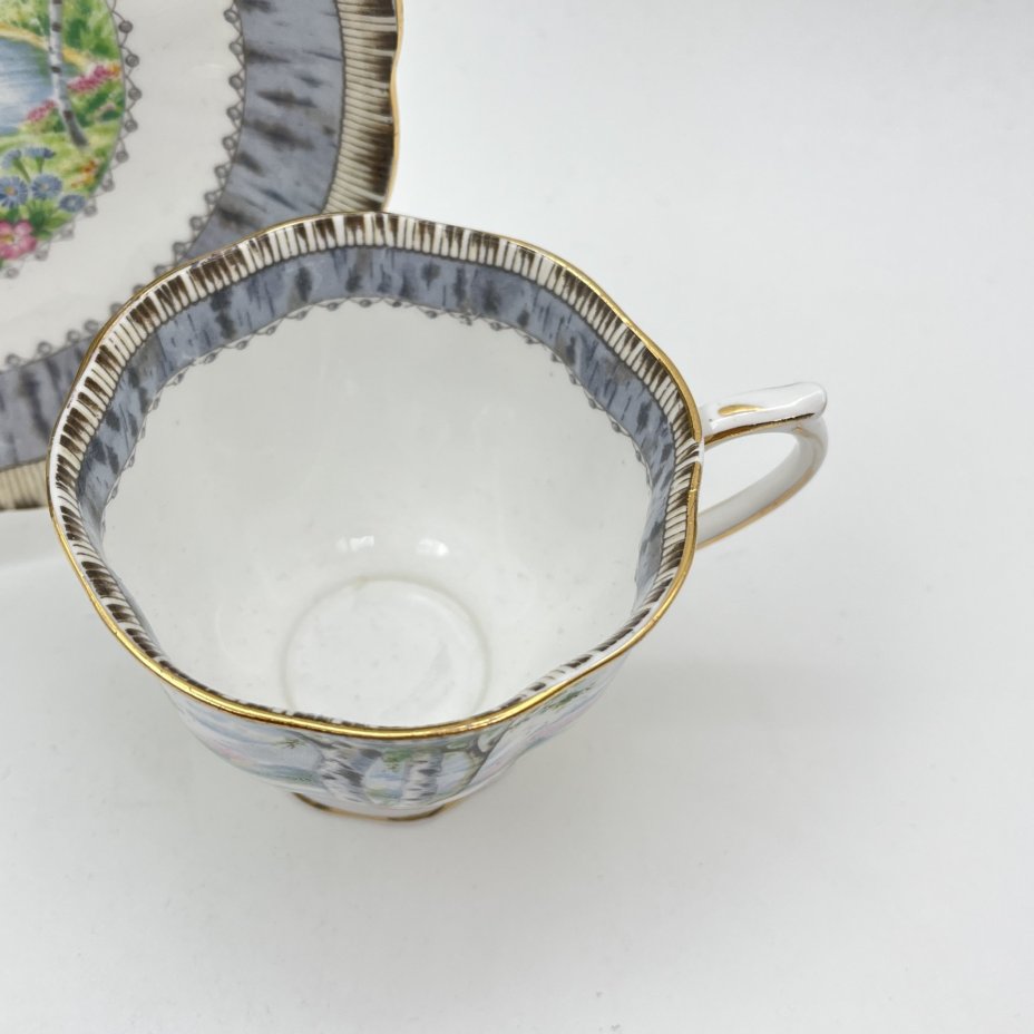 Пара чайная "Silver Birch" с пейзажным декором, фарфор, деколь, золочение, Royal Albert, Великобритания, 1950-1980 гг.