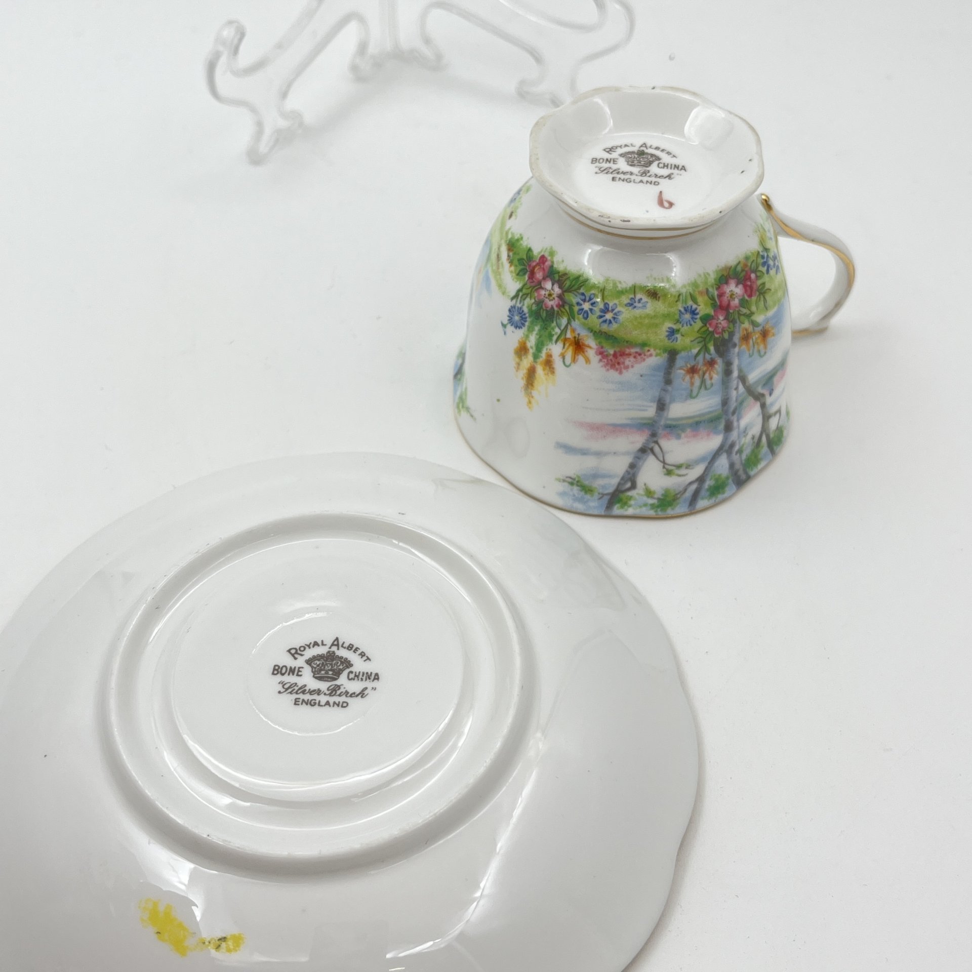 Пара чайная "Silver Birch" с пейзажным декором, фарфор, деколь, золочение, Royal Albert, Великобритания, 1950-1980 гг.