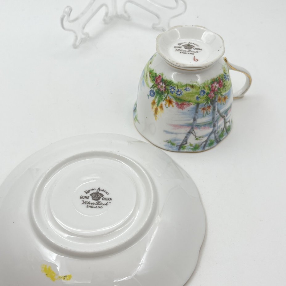 Пара чайная "Silver Birch" с пейзажным декором, фарфор, деколь, золочение, Royal Albert, Великобритания, 1950-1980 гг.