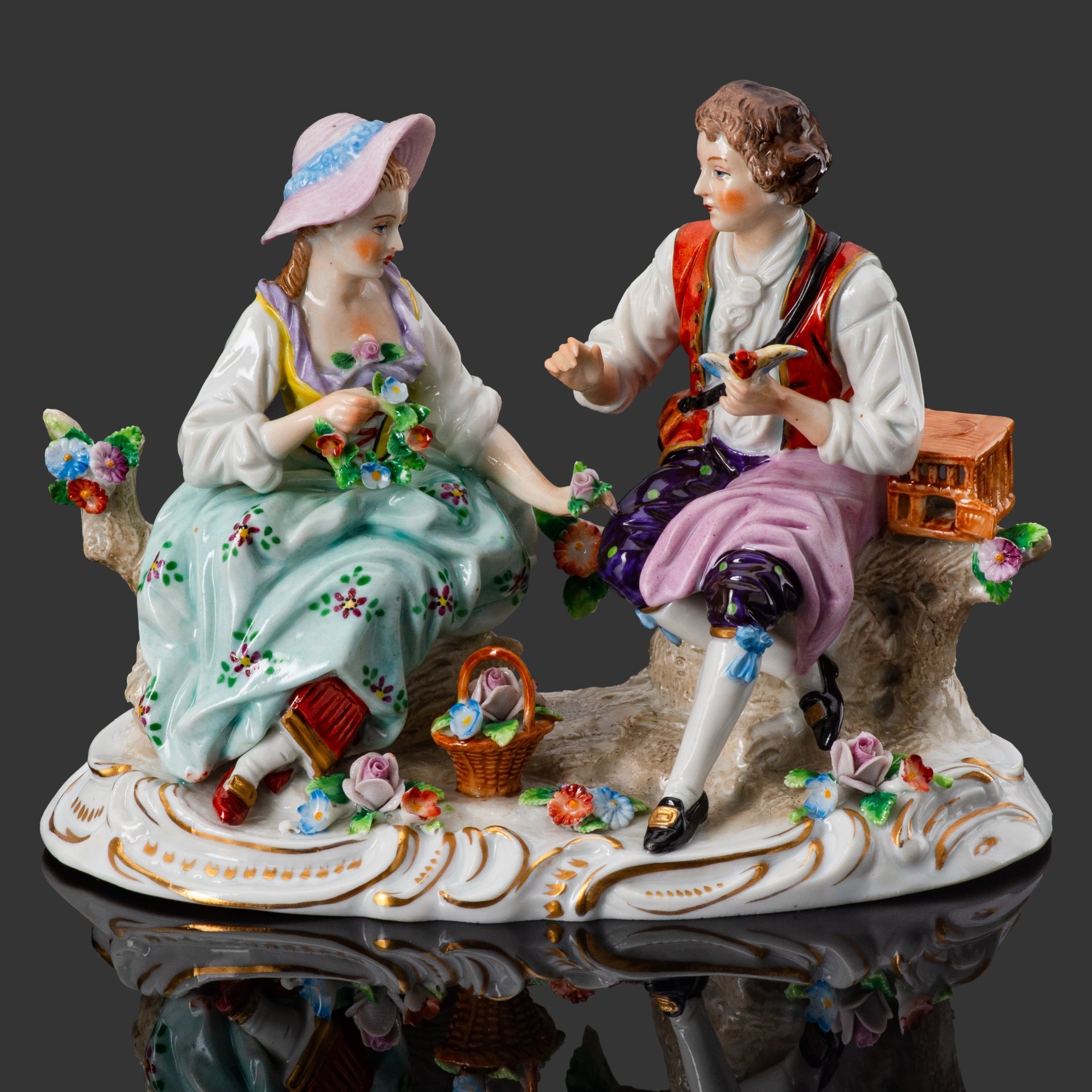 Статуэтка "Птичники" ("Галантная сцена"), фарфор, роспись, золочение, Sitzendorf, Германия, 1949-1972 гг., Sitzendorf